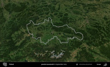 Şimdi powiat nowotarski. Eylül 2019 'da çekilen Kopernik Nöbetçi karolarından oluşan bir uydu görüntüsü üzerine Polonya' nın idari bölgesinin ana hatlarını çizdim.