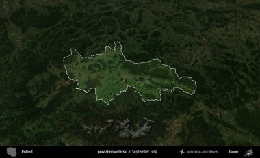Şimdi powiat nowotarski. Polonya 'nın idari alanı, Eylül 2019' da çekilen Kopernik Nöbetçi karolarından oluşan koyu renkli bir uydu görüntüsü üzerinde vurgulandı ve özetlendi.