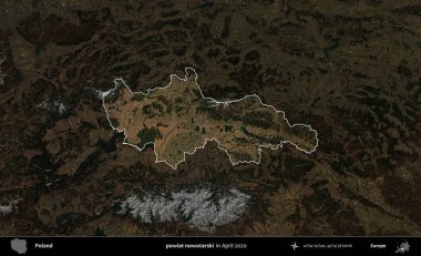 Şimdi powiat nowotarski. Polonya 'nın idari alanı, Nisan 2020' de çekilen Kopernik Nöbetçi karolarından oluşan koyu renkli bir uydu görüntüsü üzerine vurgulandı ve özetlendi