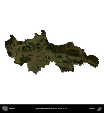 Şimdi powiat nowotarski. Polonya idari bölgesi, Ekim 2021 'de çekilen Kopernik Nöbetçi karolarından oluşan bir uydu görüntüsü üzerinde beyaza izole edildi.