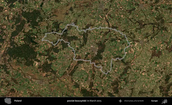 powiat leszczynski. Polonya 'nın idari bölgesinin ana hatları, Mart 2025' te çekilen Kopernik Nöbetçi karolarından oluşan bir uydu görüntüsü üzerine çizildi.