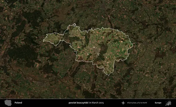 powiat leszczynski. Polonya 'nın idari alanı, Mart 2025' te çekilen Kopernik Nöbetçi karolarından oluşan koyu renkli bir uydu görüntüsü üzerine vurgulandı ve özetlendi