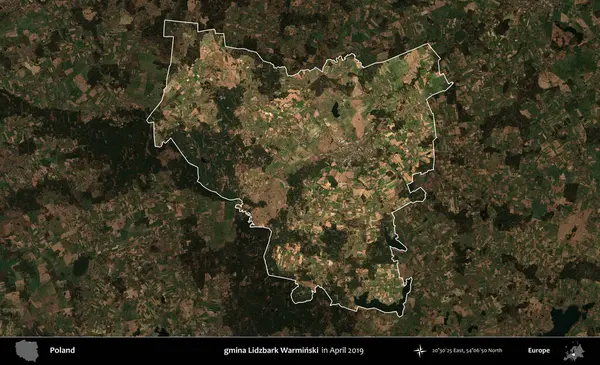 gmina Lidzbark Warminski. Polonya 'nın idari alanı, Nisan 2019' da çekilen Kopernik Nöbetçi karolarından oluşan koyu renkli bir uydu görüntüsü üzerine vurgulandı ve özetlendi.
