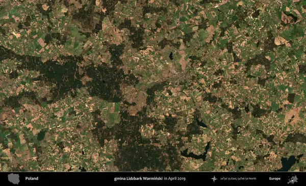 gmina Lidzbark Warminski. Nisan 2019 'da çekilen Kopernik Sentinel karolarından oluşan bir uydu görüntüsü üzerine Polonya' nın idari bölgesi