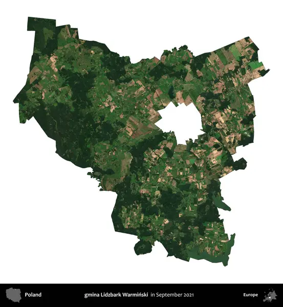 gmina Lidzbark Warminski. Polonya idari bölgesi, Eylül 2021 'de çekilen Kopernik Nöbetçi karolarından oluşan bir uydu görüntüsü üzerinde beyaza izole edildi.