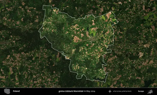 gmina Lidzbark Warminski. Polonya 'nın idari alanı, Mayıs 2024' te çekilen Kopernik Nöbetçi karolarından oluşan koyu renkli bir uydu görüntüsü üzerinde vurgulandı ve özetlendi.