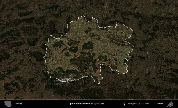 powiat limanowski. Polonya 'nın idari alanı, Nisan 2020' de çekilen Kopernik Nöbetçi karolarından oluşan koyu renkli bir uydu görüntüsü üzerine vurgulandı ve özetlendi