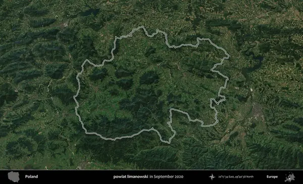 powiat limanowski. Eylül 2020 'de çekilen Kopernik Nöbetçi karolarından oluşan bir uydu görüntüsü üzerine Polonya' nın idari bölgesinin ana hatlarını çizdim.
