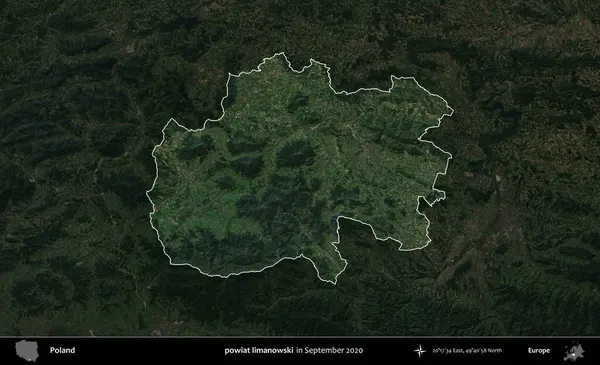 powiat limanowski. Polonya 'nın idari alanı, Eylül 2020' de çekilen Kopernik Nöbetçi karolarından oluşan koyu renkli bir uydu görüntüsü üzerine vurgulandı ve özetlendi