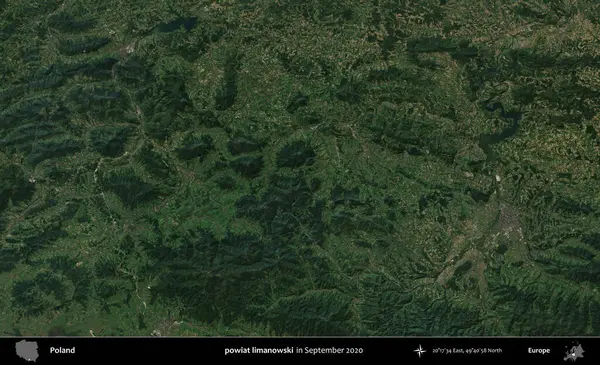 powiat limanowski. Eylül 2020 'de Copernicus Sentinel karolarından oluşan bir uydu görüntüsü üzerine Polonya' nın idari bölgesi