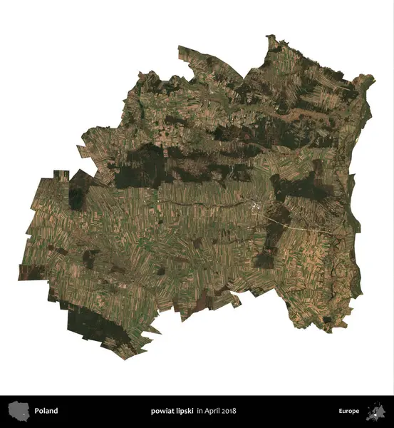 powiat lipski. Polonya idari bölgesi, Nisan 2018 'de çekilen Kopernik Nöbetçi karolarından oluşan bir uydu görüntüsü üzerinde beyaza izole edildi.