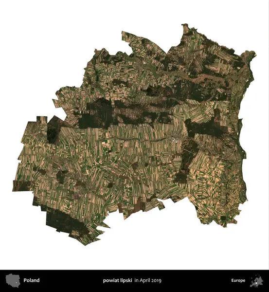 powiat lipski. Polonya idari bölgesi, Nisan 2019 'da çekilen Kopernik Nöbetçi karolarından oluşan bir uydu görüntüsü üzerinde beyaza izole edildi.