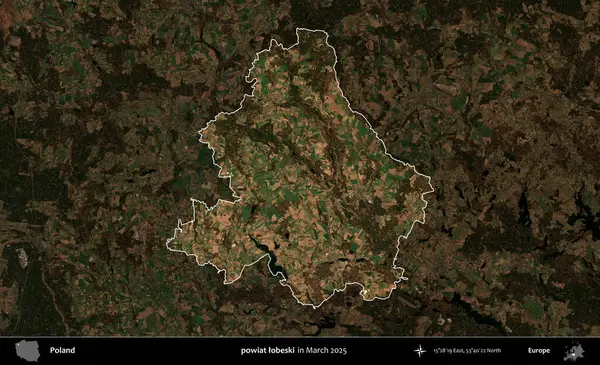 powiat lobeski. Polonya 'nın idari alanı, Mart 2025' te çekilen Kopernik Nöbetçi karolarından oluşan koyu renkli bir uydu görüntüsü üzerine vurgulandı ve özetlendi