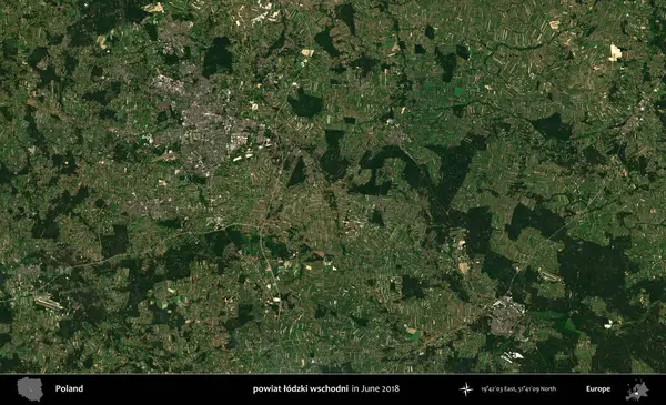 powiat lodzki wschodni. Copernicus Sentinel 'in Haziran 2018' de çekilmiş uydu görüntüsü üzerine Polonya 'nın idari bölgesi