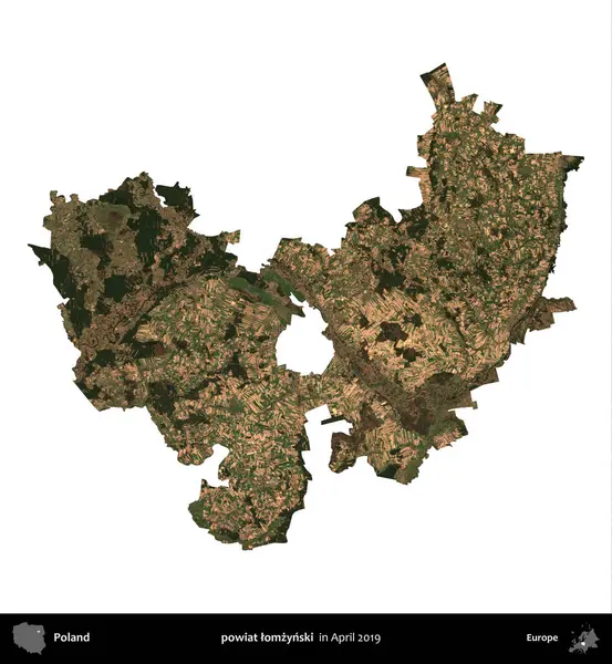powiat lomzynski. Polonya idari bölgesi, Nisan 2019 'da çekilen Kopernik Nöbetçi karolarından oluşan bir uydu görüntüsü üzerinde beyaza izole edildi.