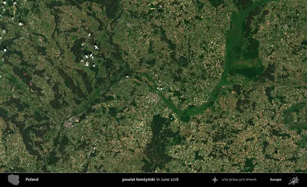 powiat lomzynski. Copernicus Sentinel 'in Haziran 2018' de çekilmiş uydu görüntüsü üzerine Polonya 'nın idari bölgesi