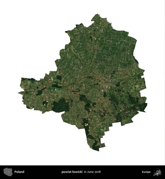 powiat lowicki. Polonya idari bölgesi, Haziran 2018 'de çekilen Kopernik Nöbetçi karolarından oluşan bir uydu görüntüsü üzerinde beyaza izole edildi.