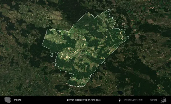 powiat lubaczowski. Polonya 'nın idari alanı, Haziran 2022' de çekilen Kopernik Nöbetçi karolarından oluşan koyu renkli bir uydu görüntüsü üzerine vurgulandı ve özetlendi.