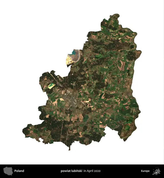 powiat lubinski. Polonya idari bölgesi, Nisan 2020 'de çekilen Kopernik Nöbetçi karolarından oluşan bir uydu görüntüsü üzerinde beyaza izole edildi.
