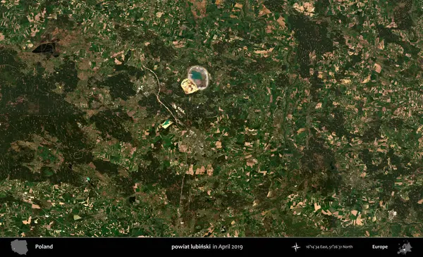 powiat lubinski. Nisan 2019 'da çekilen Kopernik Sentinel karolarından oluşan bir uydu görüntüsü üzerine Polonya' nın idari bölgesi