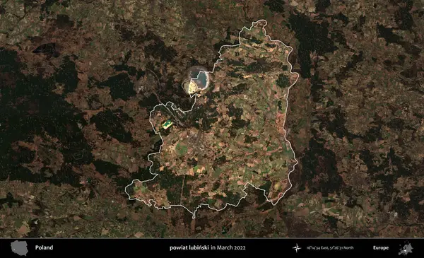 powiat lubinski. Polonya 'nın idari alanı, Mart 2022' de çekilen Kopernik Nöbetçi karolarından oluşan koyu renkli bir uydu görüntüsü üzerine vurgulandı ve özetlendi.