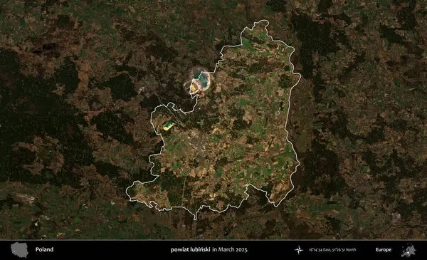 powiat lubinski. Polonya 'nın idari alanı, Mart 2025' te çekilen Kopernik Nöbetçi karolarından oluşan koyu renkli bir uydu görüntüsü üzerine vurgulandı ve özetlendi