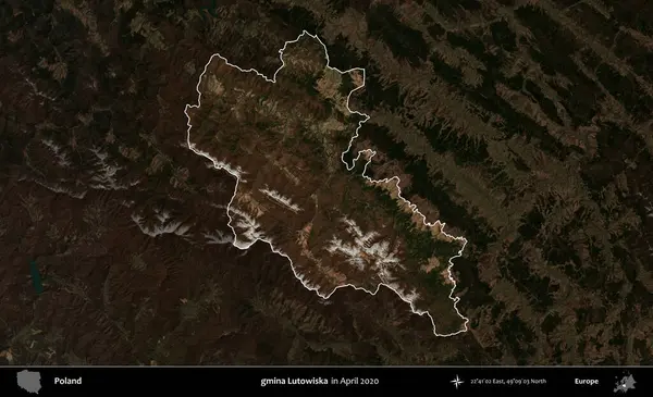 gmina Lutowiska. Polonya 'nın idari alanı, Nisan 2020' de çekilen Kopernik Nöbetçi karolarından oluşan koyu renkli bir uydu görüntüsü üzerine vurgulandı ve özetlendi