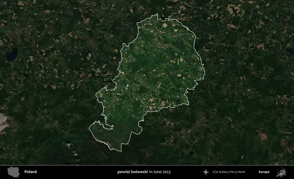 powiat lwowecki. Polonya 'nın idari alanı, Haziran 2023' te çekilen Kopernik Nöbetçi karolarından oluşan koyu renkli bir uydu görüntüsü üzerine vurgulandı ve özetlendi.
