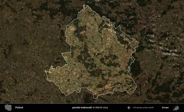 powiat makowski. Polonya 'nın idari alanı, Mart 2025' te çekilen Kopernik Nöbetçi karolarından oluşan koyu renkli bir uydu görüntüsü üzerine vurgulandı ve özetlendi