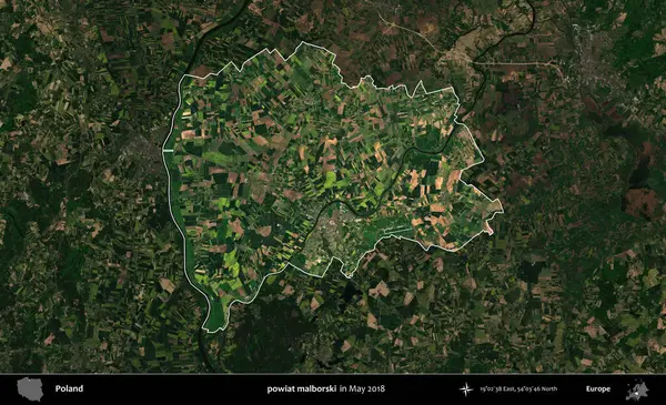 powiat malborski. Polonya 'nın idari alanı, Mayıs 2018' de çekilen Kopernik Nöbetçi karolarından oluşan koyu renkli bir uydu görüntüsüyle vurgulandı ve özetlendi