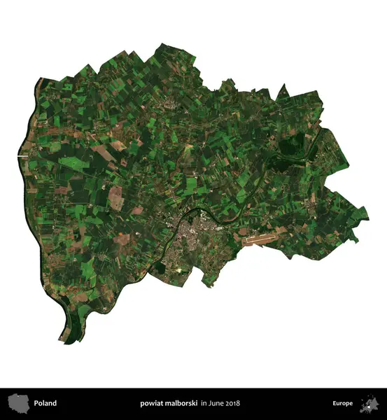 powiat malborski. Polonya idari bölgesi, Haziran 2018 'de çekilen Kopernik Nöbetçi karolarından oluşan bir uydu görüntüsü üzerinde beyaza izole edildi.