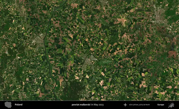 powiat malborski. Copernicus Sentinel 'in Mayıs 2023' te çekilmiş uydu görüntüsü üzerine Polonya 'nın idari bölgesi.
