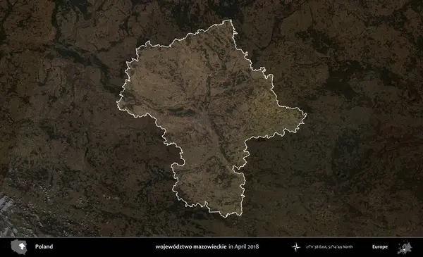 wojewodz2 mazowieckie. Polonya 'nın idari alanı, Nisan 2018' de çekilen Kopernik Nöbetçi karolarından oluşan koyu renkli bir uydu görüntüsü üzerine vurgulandı ve özetlendi