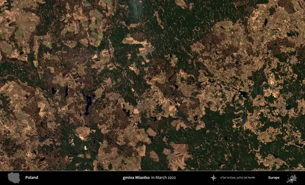 gmina Miastko. Copernicus Sentinel 'in Mart 2022' de çekilmiş uydu görüntüsü üzerine Polonya 'nın idari bölgesi.