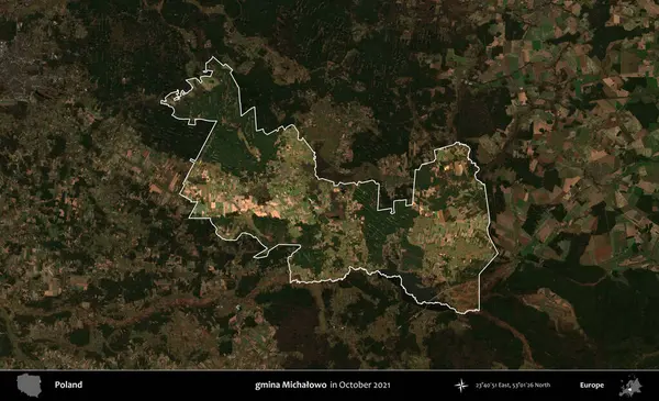 gmina Michalowo. Polonya 'nın idari alanı, Ekim 2021' de çekilen Kopernik Nöbetçi karolarından oluşan koyu renkli bir uydu görüntüsü üzerine vurgulandı ve özetlendi