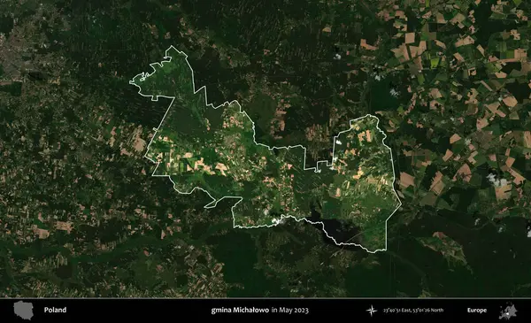 gmina Michalowo. Polonya 'nın idari alanı, Mayıs 2023' te çekilen Kopernik Nöbetçi karolarından oluşan koyu renkli bir uydu görüntüsü üzerinde vurgulandı ve özetlendi.