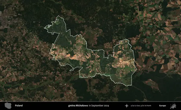 gmina Michalowo. Polonya 'nın idari alanı, Eylül 2024' te çekilen Kopernik Nöbetçi karolarından oluşan koyu renkli bir uydu görüntüsü üzerine vurgulandı ve özetlendi