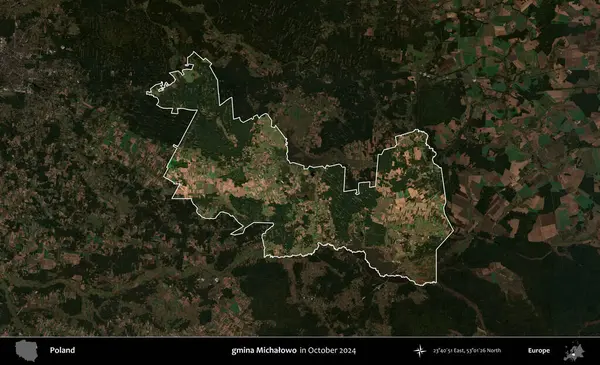 gmina Michalowo. Polonya 'nın idari alanı, Ekim 2024' te çekilen Kopernik Nöbetçi karolarından oluşan koyu renkli bir uydu görüntüsü üzerine vurgulandı ve özetlendi