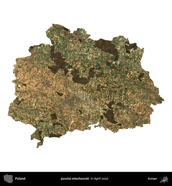 powiat miechowski. Polonya idari bölgesi, Nisan 2020 'de çekilen Kopernik Nöbetçi karolarından oluşan bir uydu görüntüsü üzerinde beyaza izole edildi.