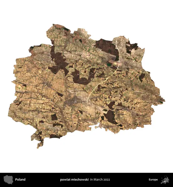 powiat miechowski. Polonya idari bölgesi, Mart 2022 'de çekilen Kopernik Nöbetçi karolarından oluşan bir uydu görüntüsü üzerinde beyaza izole edildi.