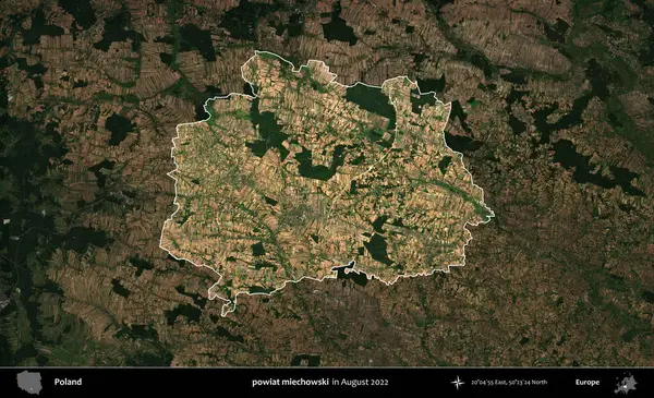 powiat miechowski. Polonya 'nın idari alanı, Ağustos 2022' de çekilen Kopernik Nöbetçi karolarından oluşan koyu renkli bir uydu görüntüsü üzerine vurgulandı ve özetlendi.