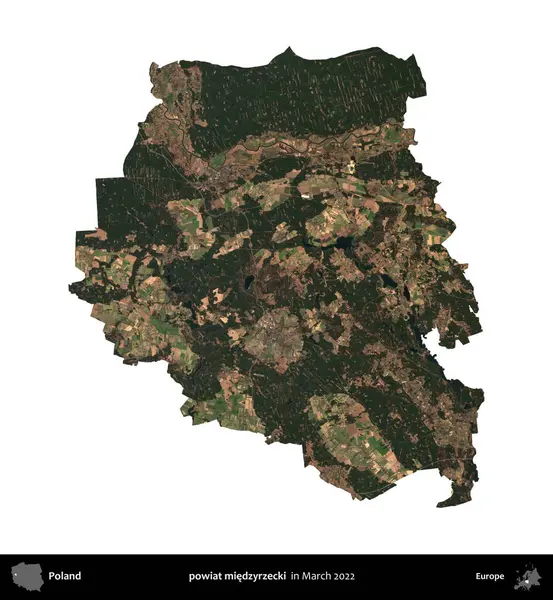 powiat miedzyrzecki. Polonya idari bölgesi, Mart 2022 'de çekilen Kopernik Nöbetçi karolarından oluşan bir uydu görüntüsü üzerinde beyaza izole edildi.