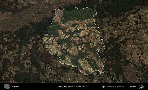 powiat miedzyrzecki. Polonya 'nın idari alanı, Mart 2022' de çekilen Kopernik Nöbetçi karolarından oluşan koyu renkli bir uydu görüntüsü üzerine vurgulandı ve özetlendi.