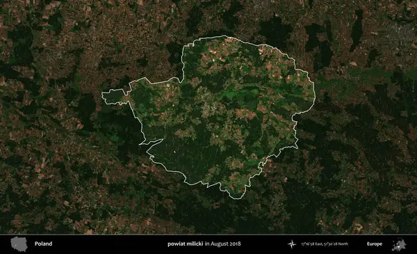 powiat milicki. Polonya 'nın idari alanı, Ağustos 2018' de çekilen Kopernik Nöbetçi karolarından oluşan koyu renkli bir uydu görüntüsü üzerine vurgulandı ve özetlendi