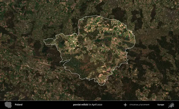 powiat milicki. Polonya 'nın idari alanı, Nisan 2020' de çekilen Kopernik Nöbetçi karolarından oluşan koyu renkli bir uydu görüntüsü üzerine vurgulandı ve özetlendi
