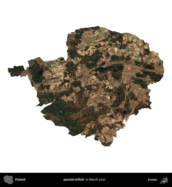powiat milicki. Polonya idari bölgesi, Mart 2022 'de çekilen Kopernik Nöbetçi karolarından oluşan bir uydu görüntüsü üzerinde beyaza izole edildi.