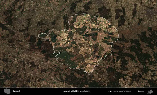powiat milicki. Polonya 'nın idari alanı, Mart 2022' de çekilen Kopernik Nöbetçi karolarından oluşan koyu renkli bir uydu görüntüsü üzerine vurgulandı ve özetlendi.