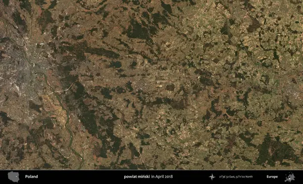 powiat minski. Nisan 2018 'de çekilen Kopernik Sentinel karolarından oluşan bir uydu görüntüsü üzerine Polonya' nın idari bölgesi