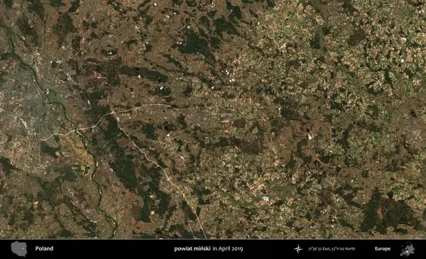 powiat minski. Nisan 2019 'da çekilen Kopernik Sentinel karolarından oluşan bir uydu görüntüsü üzerine Polonya' nın idari bölgesi