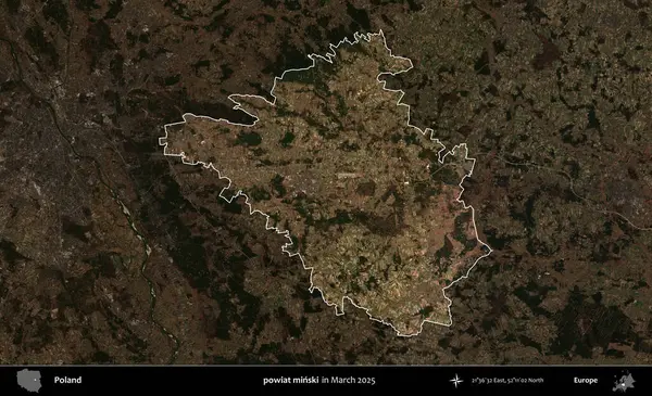 powiat minski. Polonya 'nın idari alanı, Mart 2025' te çekilen Kopernik Nöbetçi karolarından oluşan koyu renkli bir uydu görüntüsü üzerine vurgulandı ve özetlendi